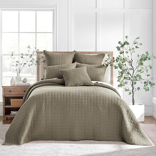 Levtex Home Mills Waffle Queen Bedspread Set (106x106in) with 2 Pillow Shams (26x20in) - Taupe - Cotton Waffle Queen Size Bedspread Set - Lightweight, Soft, Pre-Washed
