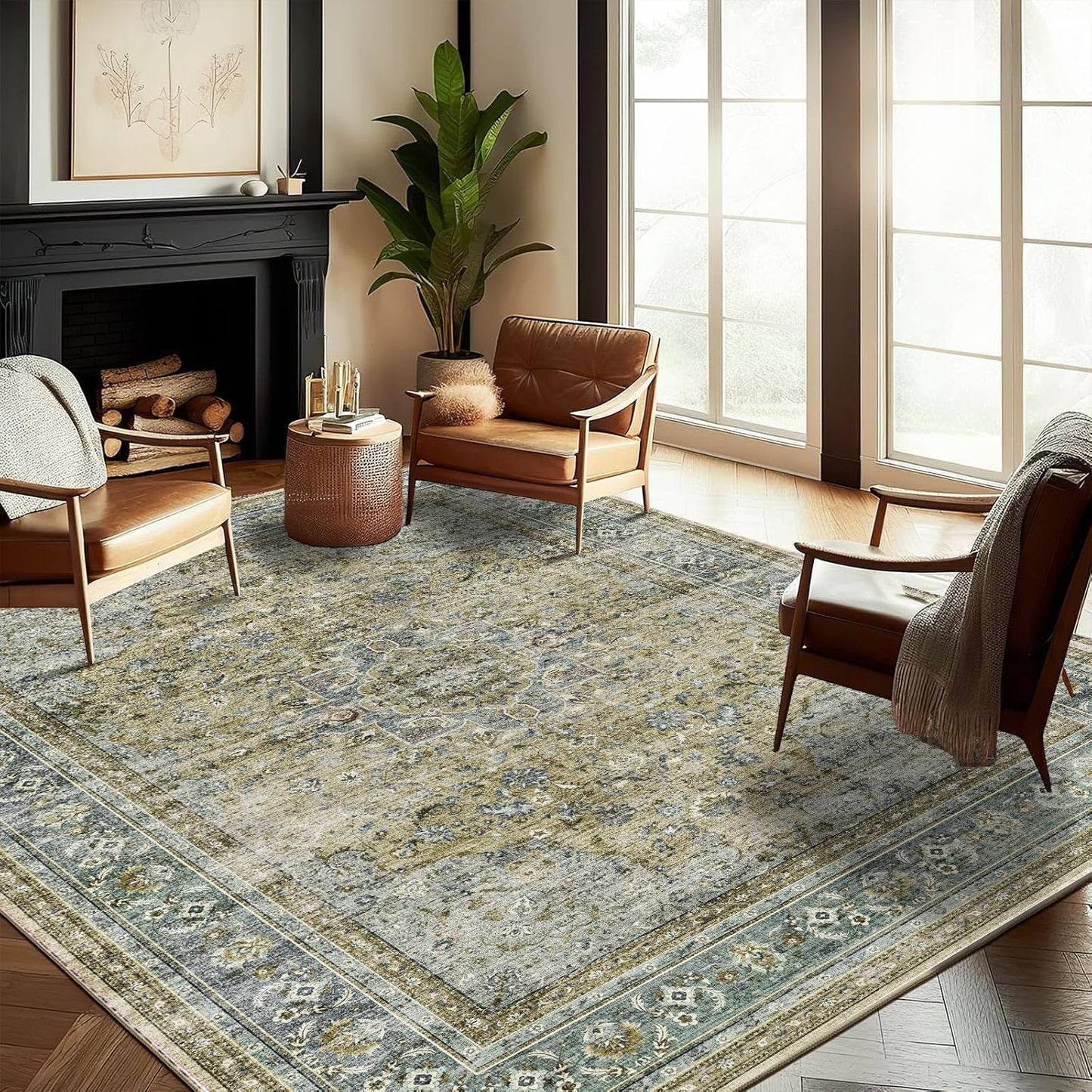 Washable Area Rug 8'x10' Boho Design Non-Shedding Non-Slip Easy Care Ideal for High Traffic Areas in Living Room Bedroom Office Coffee Table Kitchen Large Carpet