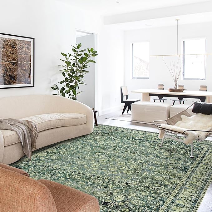 5x7 Area Rugs Washable Rugs for Living Room,Christmas Faux Wool Soft Moody Floral Boho Vintage Oriental Indoor Carpet Rug for Bedroom,5 by 7,Dark Emerald Green