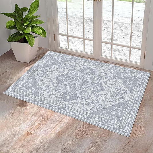 Washable Entryway Rug 3x5 | Non Slip Rug Runners for Hallways, Entryways, Kitchens, Bathrooms, Bedrooms | Ultra-Soft Flannel Carpet Kitchen Rug with Rubber Backing (Glacier Grey, 3x5)