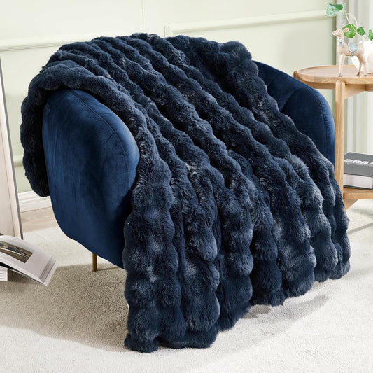 JONIYEAR Soft Fuzzy Bubble Faux Rabbit Fur Throw Blanket for Couch 50" x 60", Double Sided Textured Warm Fluffy Blanket for Winter,Luxury Cozy Puffy Shaggy Comfy Furry Blankets for Sofa Bed, Navy Blue