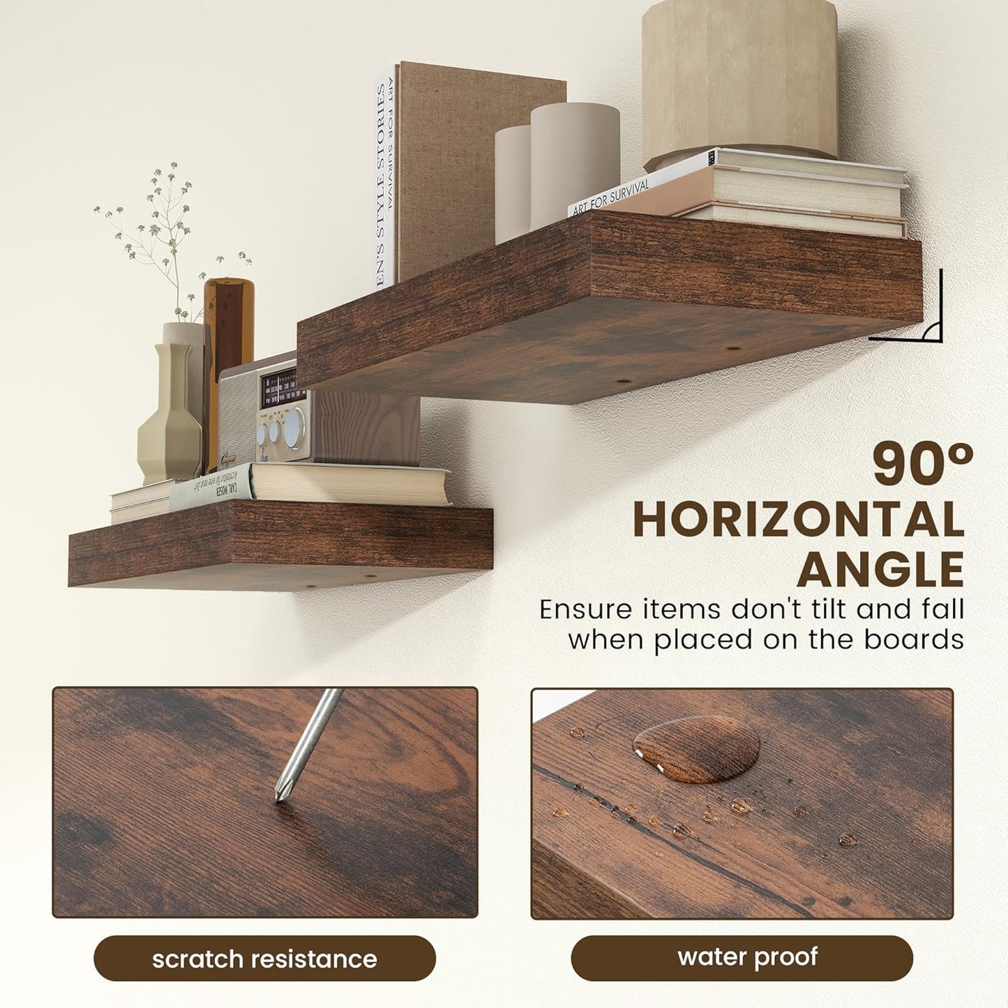 Deep Floating Shelves for Wall - 24 Inch Wide x 12 Inch Deep Rustic Wood Floating Shelves Set of 2 - Large Wall Mounted Wood Shelves for Laundry Room Living Room Kitchen Home Office