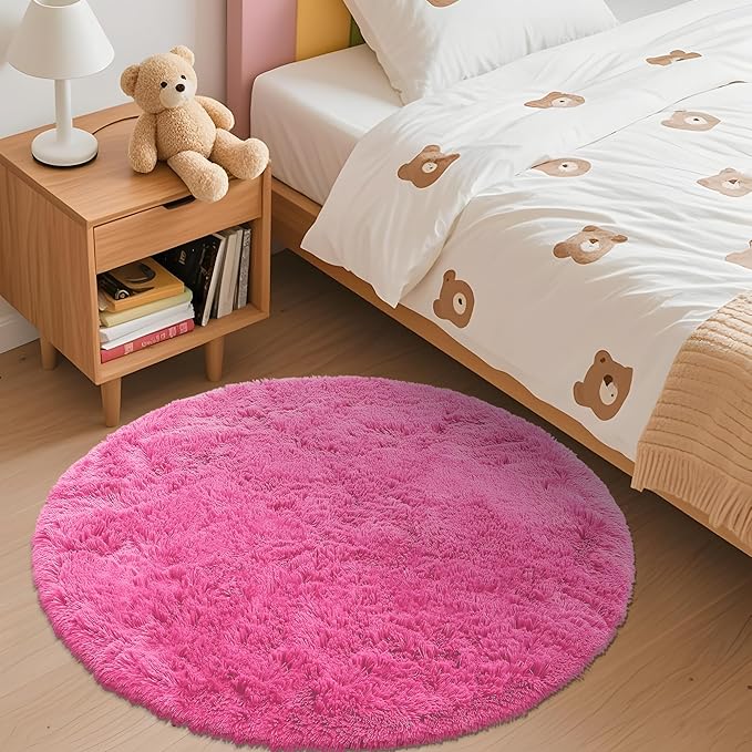 OLANLY Hot Pink Round Rugs for Bedroom - Machine Washable, 3 ft Circle Area Rugs for Living Room, Soft and Fluffy Shaggy Carpet for Teen Girls and Boys, Nursery Rooms, Dorms, Home Decor Aesthetic