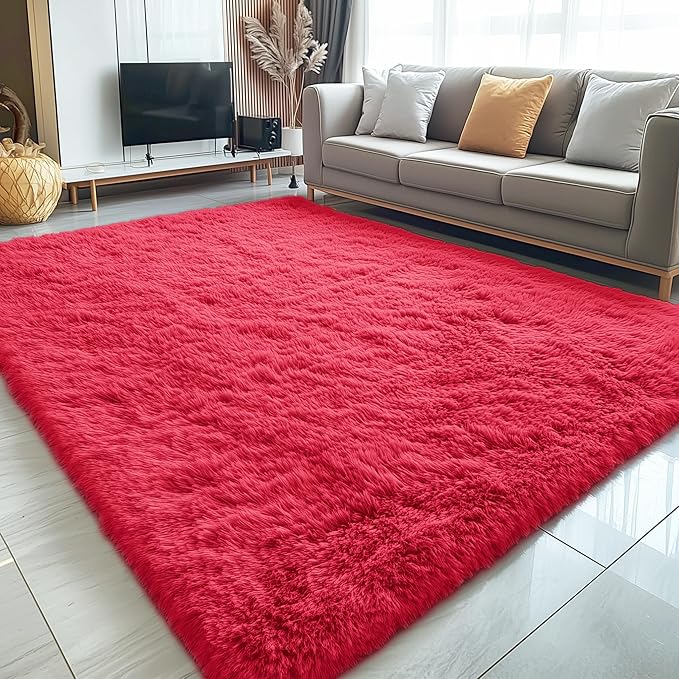 OLANLY 5x7 Machine Washable Large Area Rugs for Living Room, Bedroom, Soft Fluffy Shaggy Bedside Rug, Indoor Floor Carpet for Kids Girls and Boys, Dorms, Nursery, Home Decor Aesthetic, Red