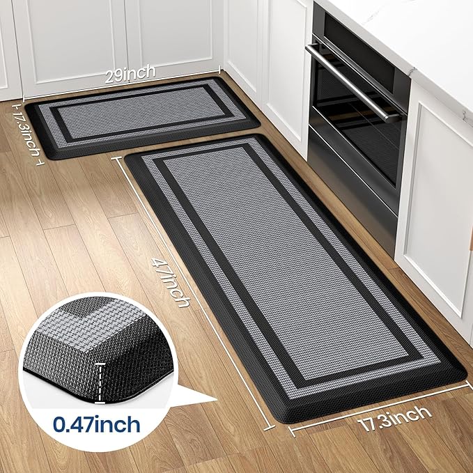 KitchenClouds [2 PCS Kitchen Rugs Cushioned Anti-Fatigue Kitchen Mats for Floor Waterproof Kitchen Rug Set Non-Slip Comfort Standing Mat for Office, Sink, Laundry 17.3"×29"+17.3"×47",Black