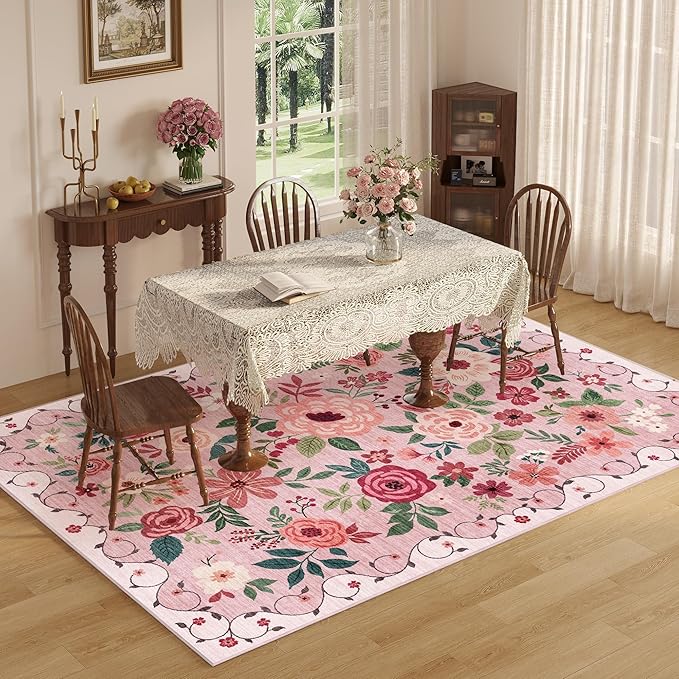 DUKINO 8x10 Area Rug, Floral Rugs for Living Room, Lightweight Non Slip Washable Rug, Indoor Low Pile & Non-Shedding Boho Design Rugs for Bedroom, Living Room, Dining Room, Pink