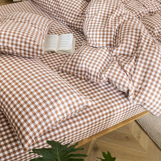 MooMee Gingham Duvet Cover Set 100% Washed Cotton Linen Like Textured Breathable Durable Soft Comfy Modern Checkered Design (Dark Orange Gingham, King 104"x90")