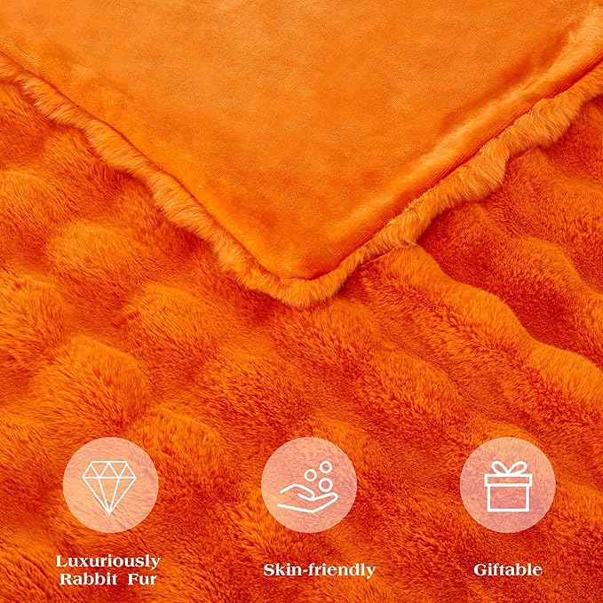 JONIYEAR Solid Fall Oversized Fuzzy Bubble Faux Rabbit Fur Throw Blanket for Bed 60" x 70", Decorative Puffy Warm Fuzzy Blanket for Winter, Thick Shaggy Cozy Furry Blankets for Adult,Twin Size, Orange