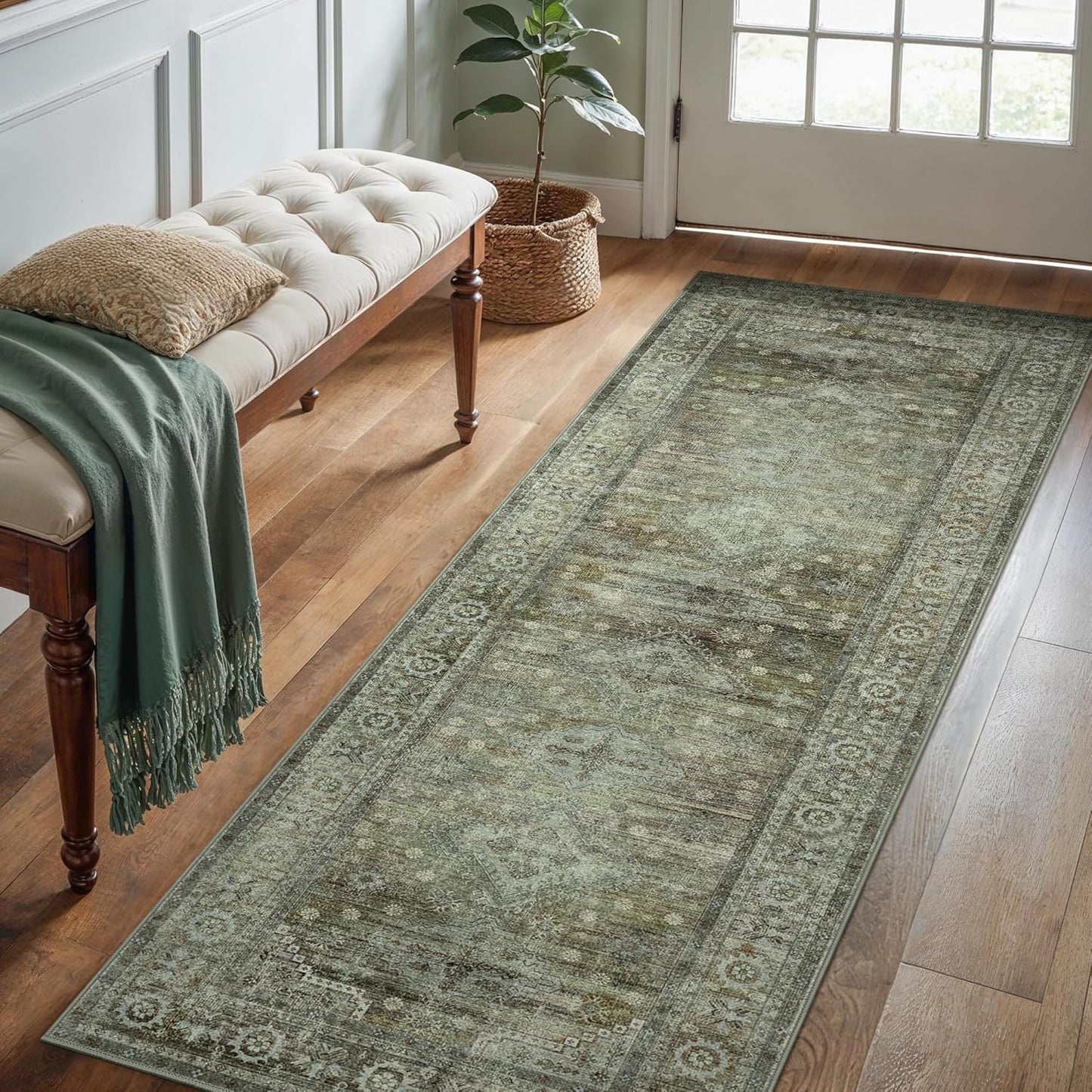 Runner Rug for Hallway Kitchen, 2x12 Machine Washable Runners Rug for Entryway, Soft Modern Boho Throw Rugs, Low Pile Floor Cover with Non Slip Backing, Distressed Light Greyish Sage Green