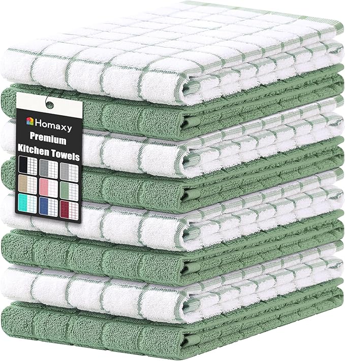 Homaxy Premium Cotton Kitchen Towels 16"x 28", Large Natural Ring Spun 390 GSM Dish Towels, Super Absorbent Terry Kitchen Hand Towels, Soft Tea Towel with Hanging Loop, Grass Green Check, 8 Pack