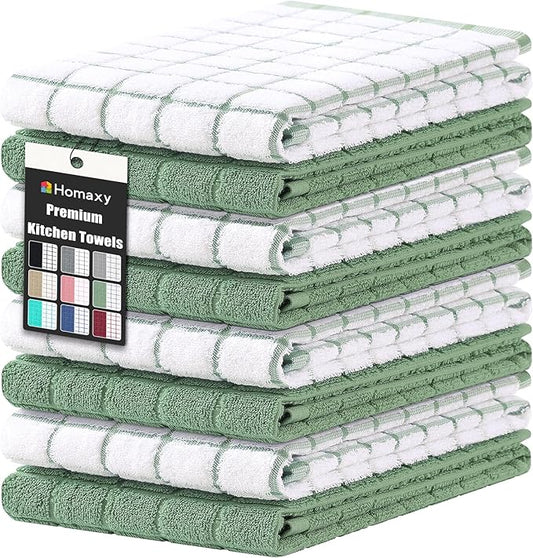 Homaxy Premium Cotton Kitchen Towels 16"x 28", Large Natural Ring Spun 390 GSM Dish Towels, Super Absorbent Terry Kitchen Hand Towels, Soft Tea Towel with Hanging Loop, Grass Green Check, 8 Pack