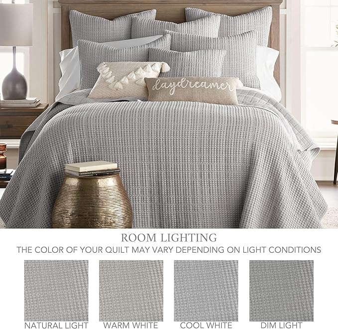 Levtex Home Mills Waffle Queen Bedspread Set (106x106in) with 2 Pillow Shams (26x20in) - Grey - Cotton Waffle Queen Size Bedspread Set - Lightweight, Soft, Pre-Washed