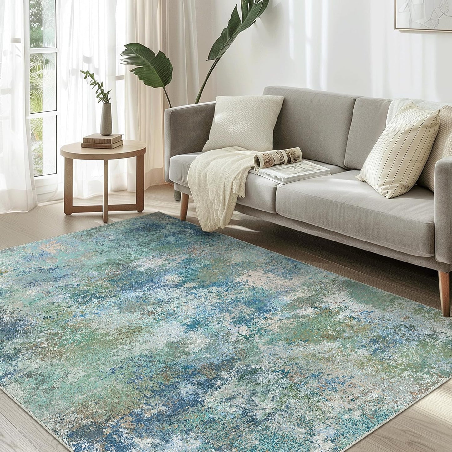 Area Rugs 10x14 Machine Washable Rug for Bedroom Living Room Dining Room, Large Modern Abstract Soft Rugs, Indoor Low Pile Carpet with Non Slip Rubber Backing, Abstract Blue Green
