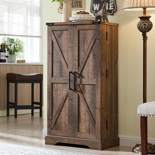 47" Kitchen Pantry, Farmhouse Storage Cabinet with Barn Doors, Organizer and Adjustable Shelves, Rustic Wood Cupboard for Kitchen, Dining Room, Bathroom and Hallway, Rustic Brown