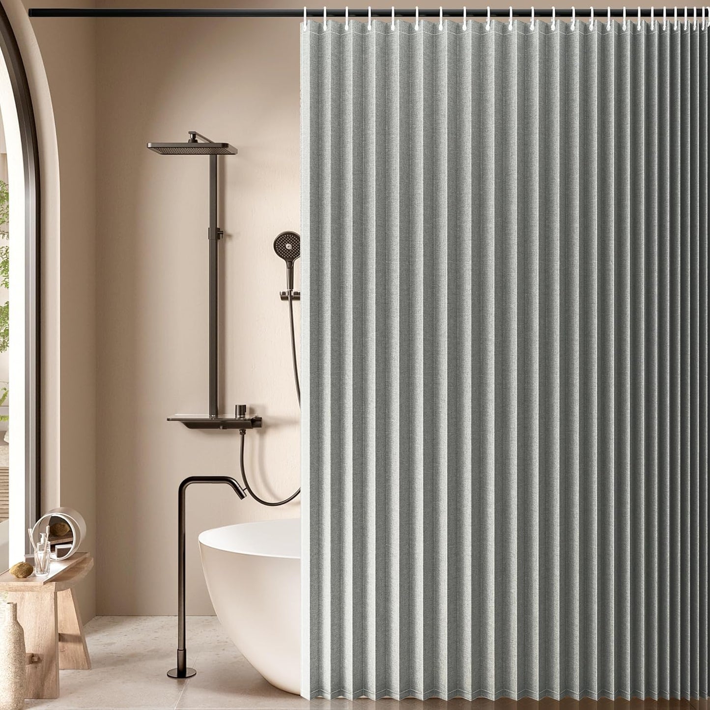 Jubilantex Folding Linen Shower Curtain for Bathroom Grey Waterproof Shower Curtain 1 Panel with 14 Metal Grommets and 1 Tie Back for Hotel,70"x70"