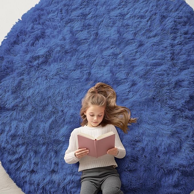 OLANLY Navy Blue Round Rugs for Bedroom - Machine Washable, 8 ft Circle Area Rugs for Living Room, Soft and Fluffy Shaggy Carpet for Teen Girls and Boys, Nursery Rooms, Dorms, Home Decor Aesthetic