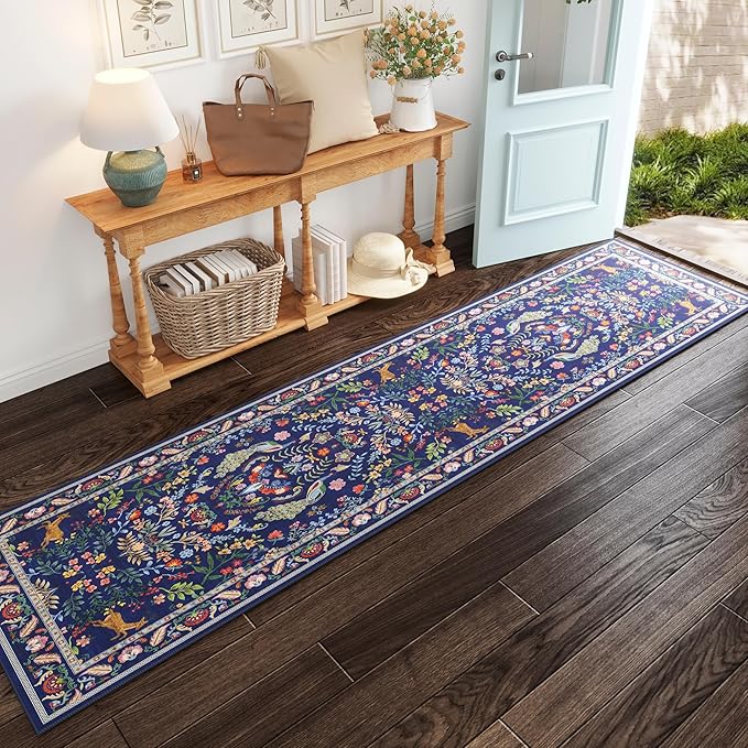 Runner Rug Washable Kitchen Runner 2'6''x8' Runner Rug for Entryway Indoor Floral Non-Slip Soft Carpet Runner for Hallways, Kitchen, Laundry, Bedroom, Bathroom(Blue)