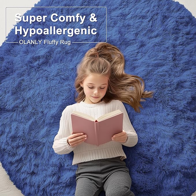 OLANLY Navy Blue Round Rugs for Bedroom - Machine Washable, 4 ft Circle Area Rugs for Living Room, Soft and Fluffy Shaggy Carpet for Teen Girls and Boys, Nursery Rooms, Dorms, Home Decor Aesthetic