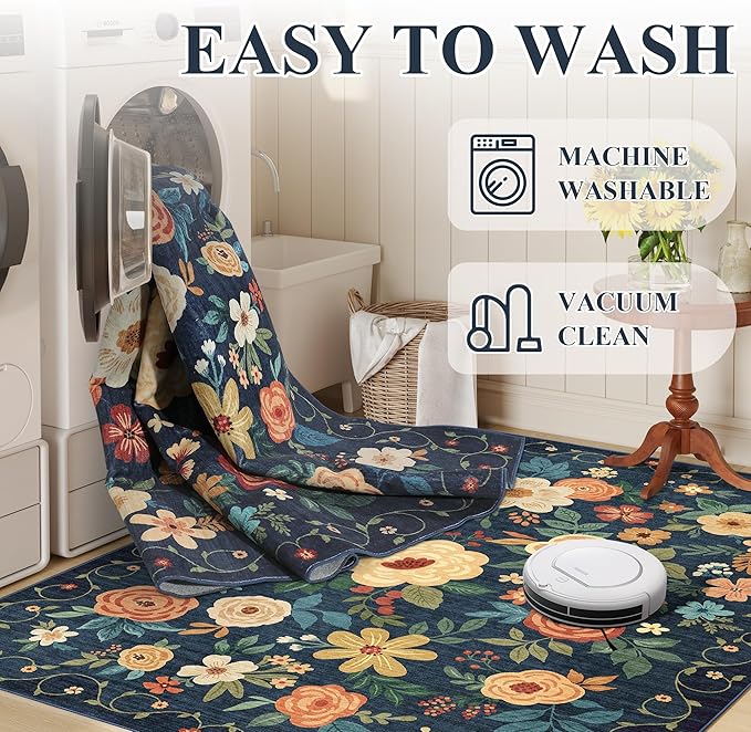 DUKINO 5x7 Area Rug, Floral Rugs for Living Room, Lightweight Non Slip Washable Rug, Indoor Low Pile & Non-Shedding Boho Design Rugs for Bedroom, Living Room, Dining Room, Dark Blue