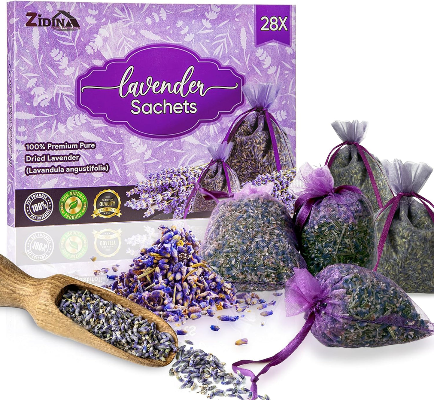 28 Pack Organic Lavender Sachet Bags for Drawers and Closets - Natural Fresh Dried Lavender French Potpourri Bags for Clothes Storage - Scented Sachets for Drawers, Wardrobes, Cars & Home.