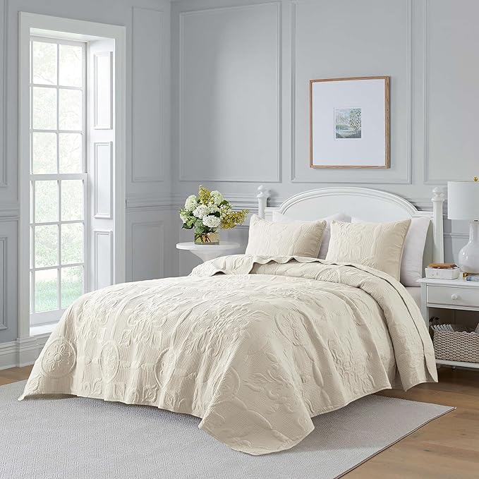 Ivory Damask Quilt King Size Bedding Sets with 2 Pillow Shams, Cream Boho Bedspread Lightweight Soft Farmhouse Vintage Bohemian Coverlet Retro Jacquard Pattern Bed Cover for All Season, 3 Pieces
