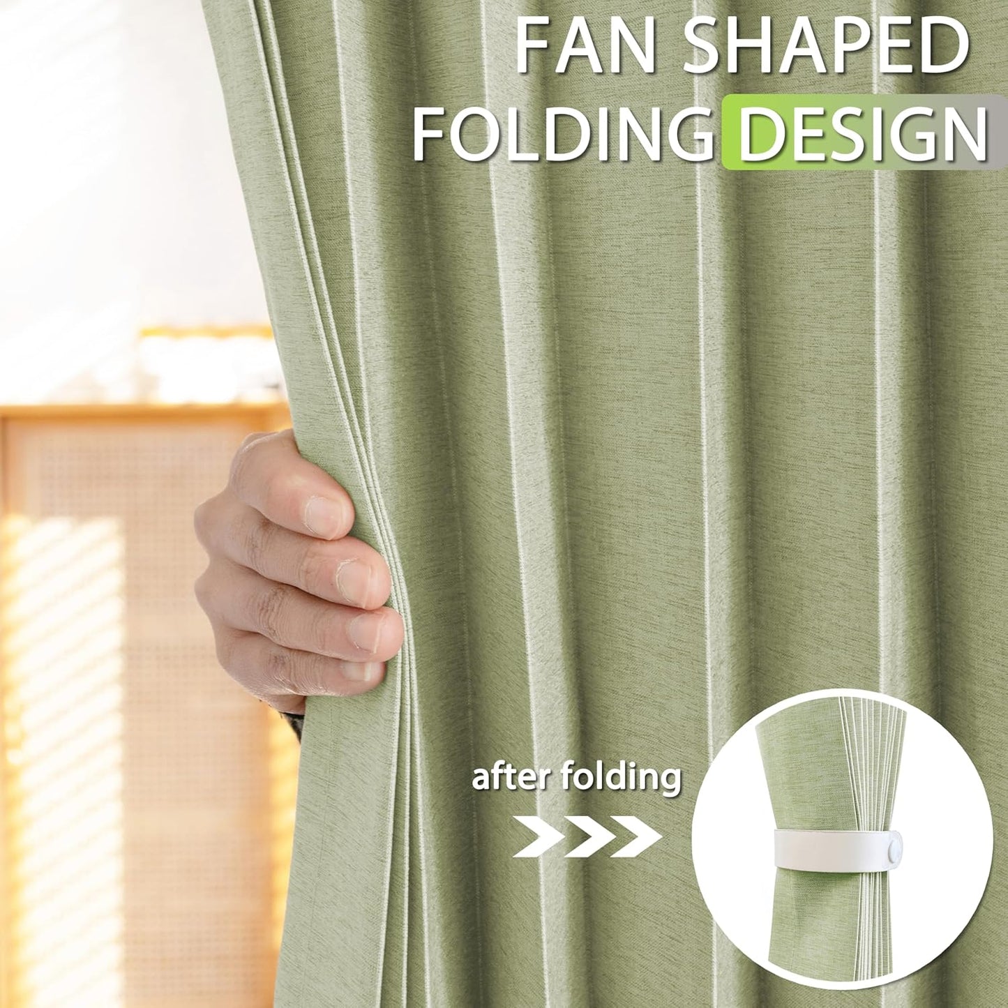 Jubilantex Folding Linen Shower Curtain for Bathroom Sage Waterproof Shower Curtain 1 Panel with 14 Metal Grommets and 1 Tie Back for Hotel,70"x70"