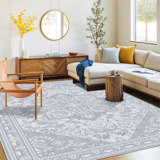 Washable Area Rug 5x8 | Non Slip Area Rug for Living Room, Bedrooms, Dining Room | Ultra-Soft Flannel Carpet Area with Rubber Backing (Glacier Grey, 5x8)