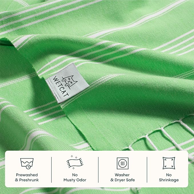 WETCAT Turkish Beach Towel Oversized (38"x71") 100% Turkish Cotton, Made in Turkey - Sand Free, Extra Large, Ultra Soft, Quick Drying, Compact & Lightweight for Travel - Lime Green