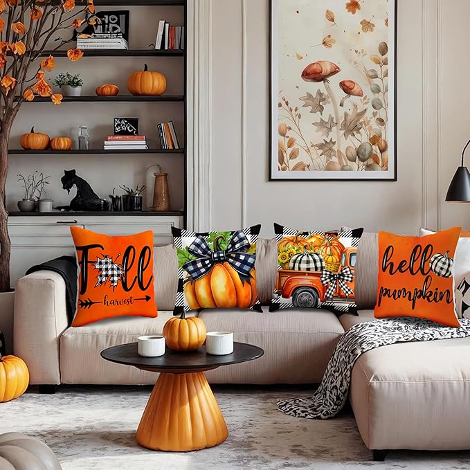 JioJio Chan Fall Decorative Pillow Covers 18x18 - Set of 4 Pumpkin Autumn Throw Plaid Decorations Pillow Covers for Couch Sofa, Fall Thanksgiving Decor for Home Bedroom Living Room Outdoor