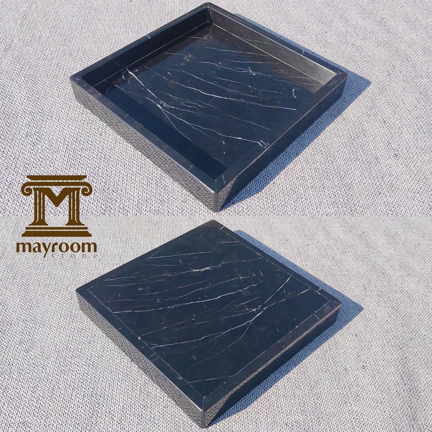 Square Natural Marble Vanity Tray: Luxury 8x8 Polished Organizer for Bathroom Kitchen Dresser Makeup Jewelry Coffee Table Home Decor, Black