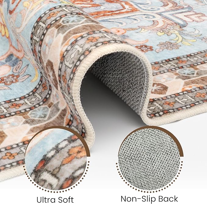 Washable Runner Rug 2x6 | Non Slip Rug Runners for Hallways, Entryways, Kitchens, Bathrooms, Bedrooms | Ultra-Soft Flannel Carpet Runners with Rubber Backing (Light Teal/Rust, 2x6)
