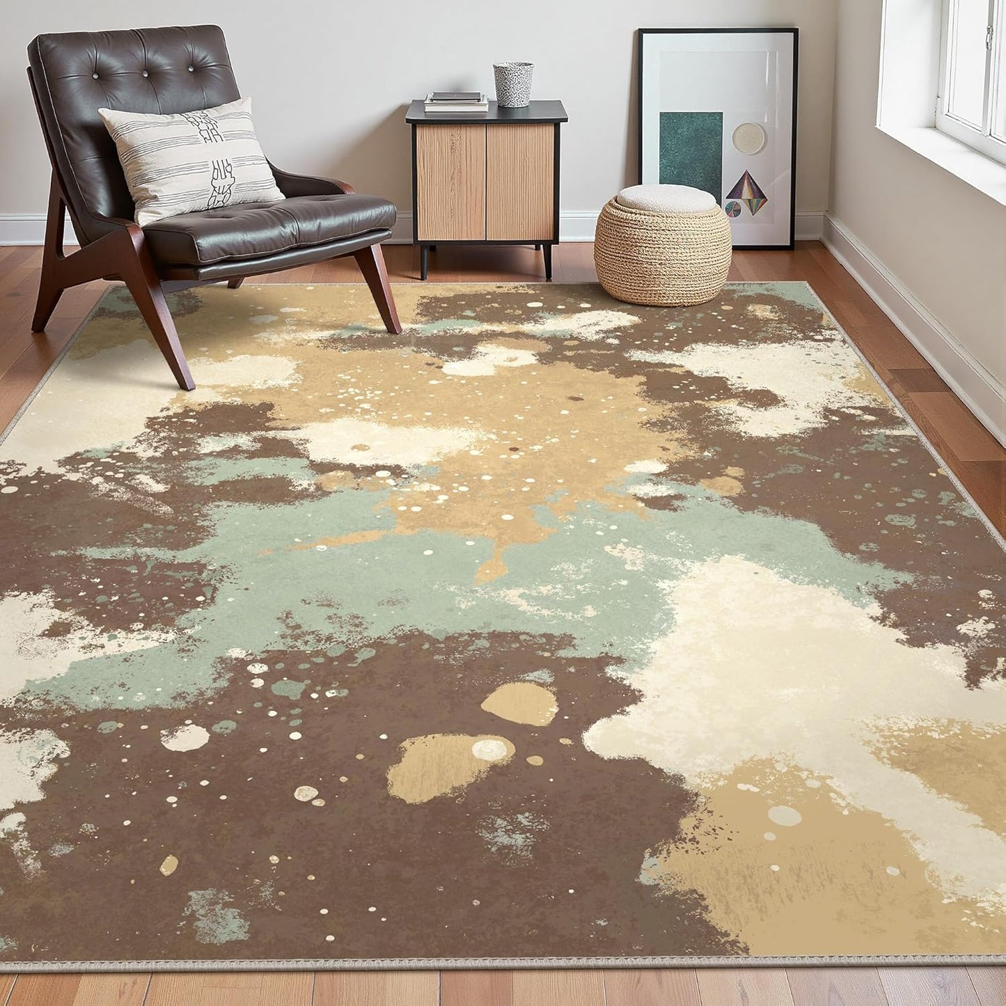 Area Rugs 8x10 for Living Room Bedroom, Modern Splash Abstract Machine Washable Rug, Large Soft Low Pile Floor Cover with Non Slip Backing for Dining Room, Green/Brown