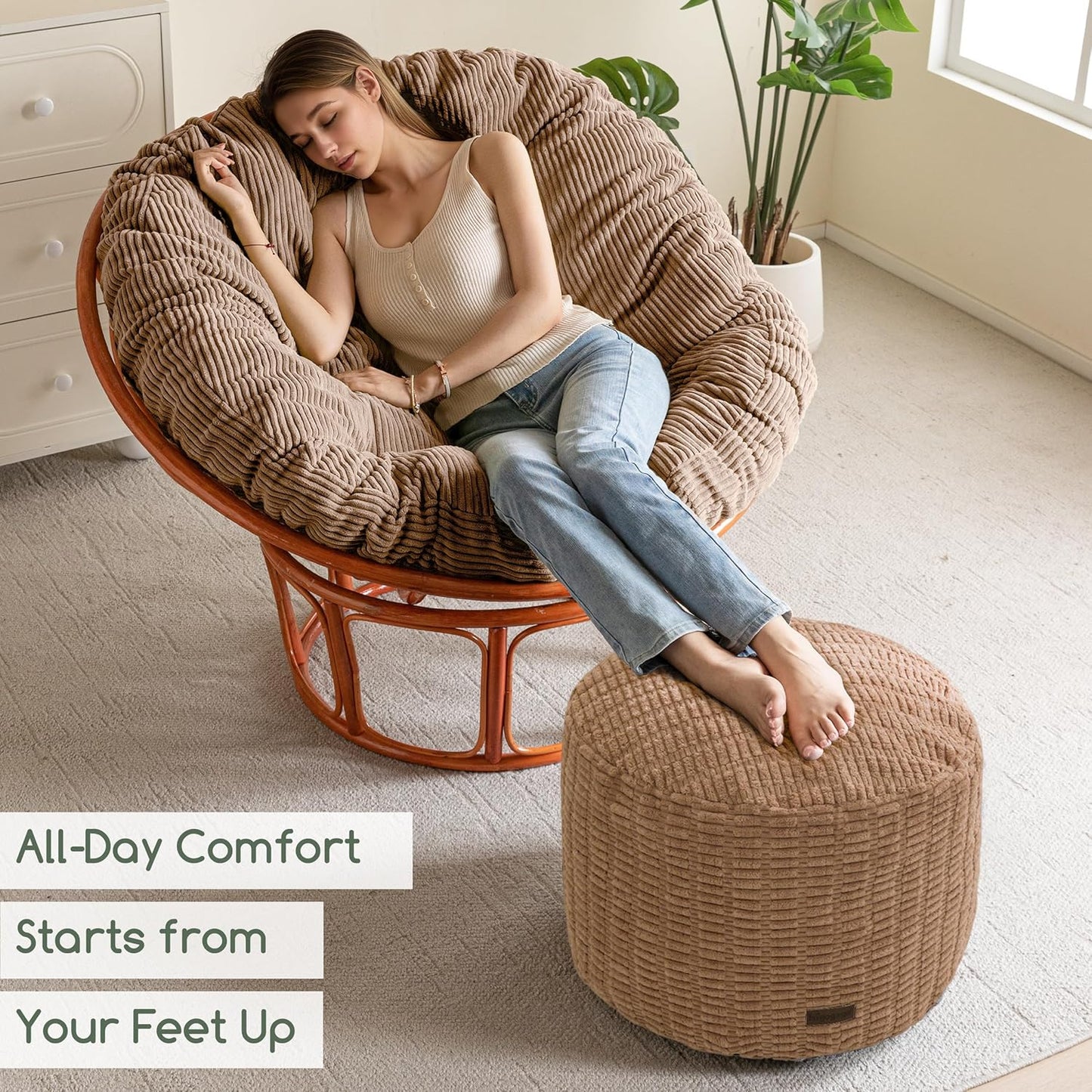 HIGOGOGO Pouf Ottoman Stuffed Round Modern Foam Filled Foot Rest Poufs for Living Room Chair Decorative 20 X 15 Inches Boho Relax Stool for Wedding Christmas Party, Brown