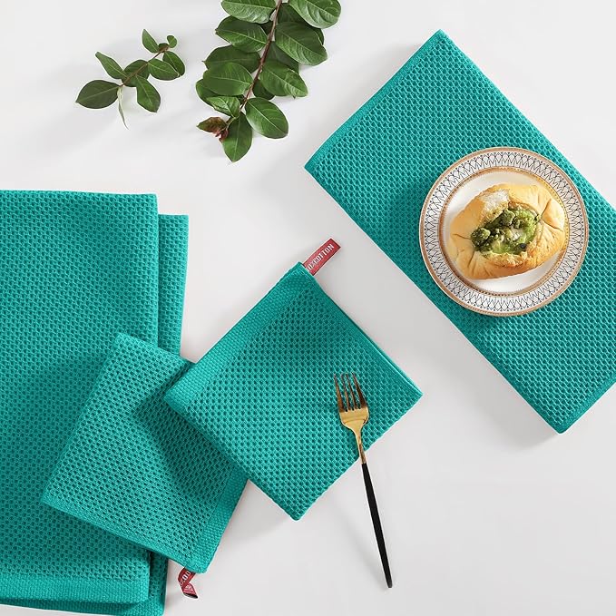 Homaxy 100% Cotton Kitchen Towels and Dishcloths Set, 12 x 12 Inches and 13 x 28 Inches, Set of 10 Bulk Kitchen Towels Set, Ultra Soft Absorbent Dish Cloths for Washing Dishes, Teal
