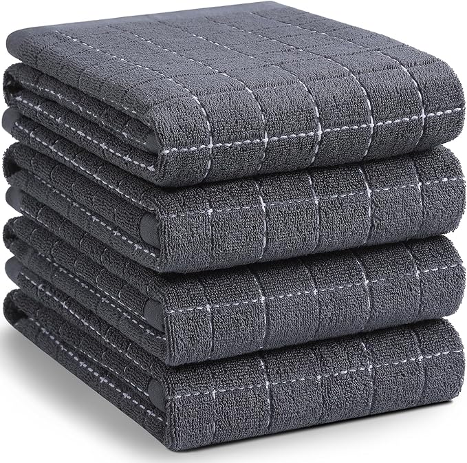 Homaxy 100% Cotton Terry Kitchen Towels(Dark Grey, 20 x 28 inches), Checkered Designed, Soft and Super Absorbent Dish Towels, Large 4 Pack