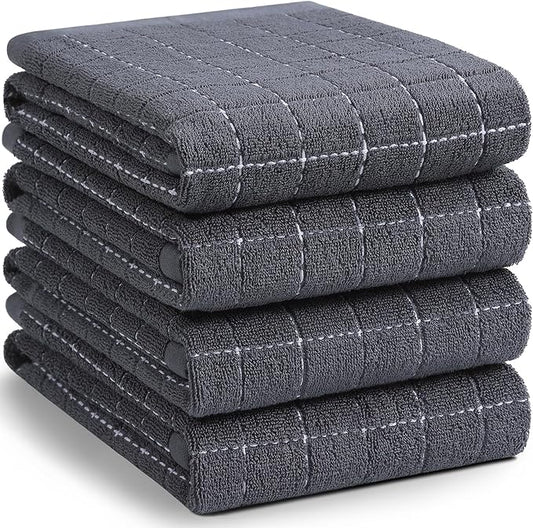 Homaxy 100% Cotton Terry Kitchen Towels(Dark Grey, 20 x 28 inches), Checkered Designed, Soft and Super Absorbent Dish Towels, Large 4 Pack