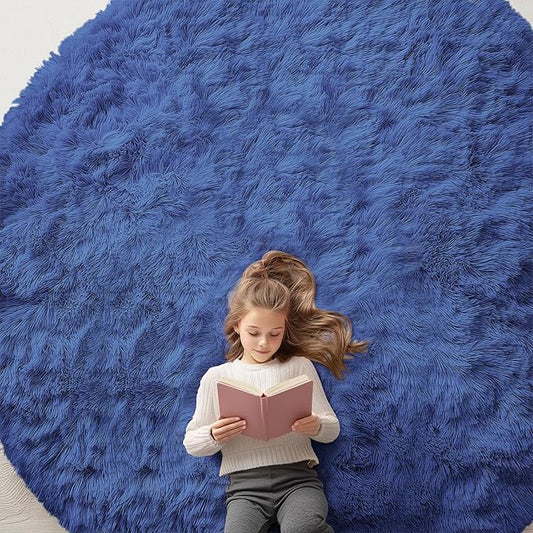 OLANLY Navy Blue Round Rugs for Bedroom - Machine Washable, 9 ft Circle Area Rugs for Living Room, Soft and Fluffy Shaggy Carpet for Teen Girls and Boys, Nursery Rooms, Dorms, Home Decor Aesthetic