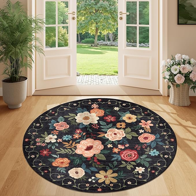 DUKINO Floral Round Rug, 4ft Washable Round Area Rug, Non Slip Indoor Low Pile Circle Rug, Soft Small Boho Design Circle Rug for Bedroom, Entryway, Living Room, Dining Room,Black