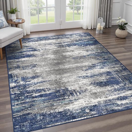 Area Rugs 5x7 for Living Room Bedroom, Modern Abstract Machine Washable Rug, Large Soft Low Pile Floor Cover with Non Slip Backing for Dining Room, Navy Blue Gray