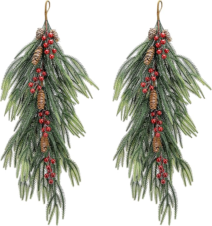 2 Pcs Artificial Christmas Teardrop Swag with Berries and Pinecones, Faux Berry Pine Branch Teardrop Door Swag, Real Touch Norfolk Wreath Greenery Staircase Swags for Xmas Door Mantle Fireplace Decor