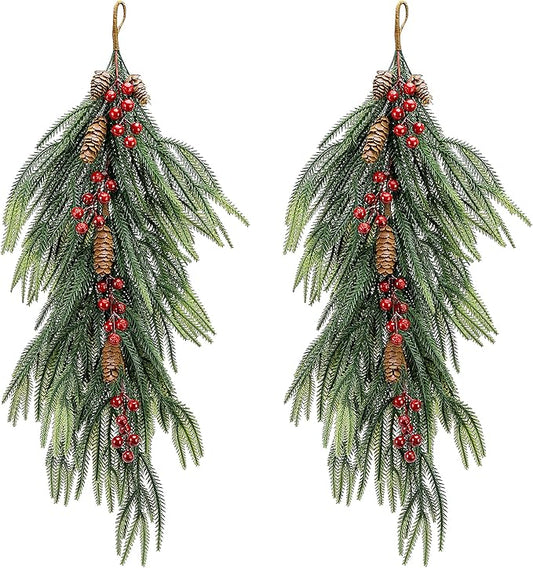 2 Pcs Artificial Christmas Teardrop Swag with Berries and Pinecones, Faux Berry Pine Branch Teardrop Door Swag, Real Touch Norfolk Wreath Greenery Staircase Swags for Xmas Door Mantle Fireplace Decor