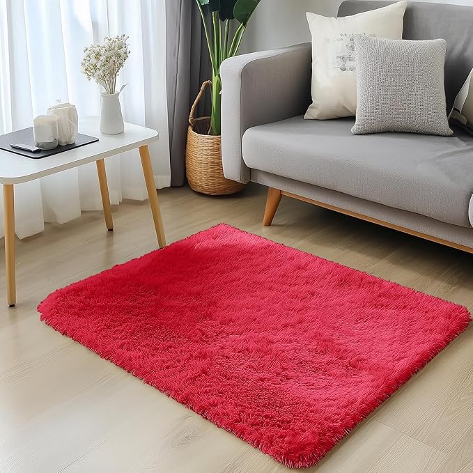 OLANLY 2x3 Machine Washable Small Bedside Rug, Soft Fluffy Shaggy Entryway Throw Rugs for Bedroom, Living Room, Indoor Floor Carpet for Kids Girls and Boys, Nursery Rooms, Home Decor Aesthetic, Red