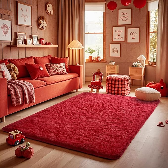 Ophanie Red Rugs for Bedroom Living Room, Fluffy Fuzzy Furry Carpet, Plush Soft Shaggy Bedside Indoor Floor 4x6 Area Rug for Kids Girls Boys Baby Teen Dorm Nursery Home Decor Aesthetic