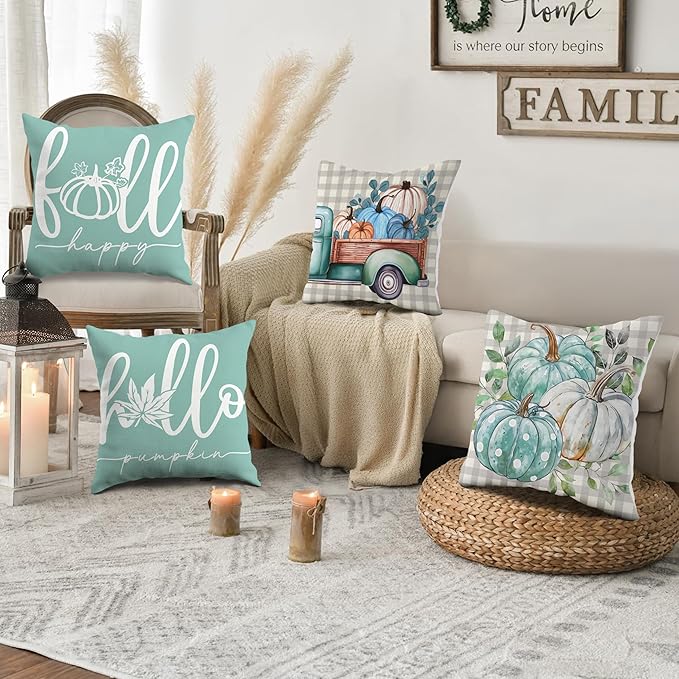 JioJio Chan Fall Pillow Covers 18x18, Set of 4 Thanksgiving Pumpkin Throw Pillows Covers for Sofa Couch, Fall Plaid Farmhouse Decoration for Living Room Bedroom Indoor Outdoor Home Autumn Decor