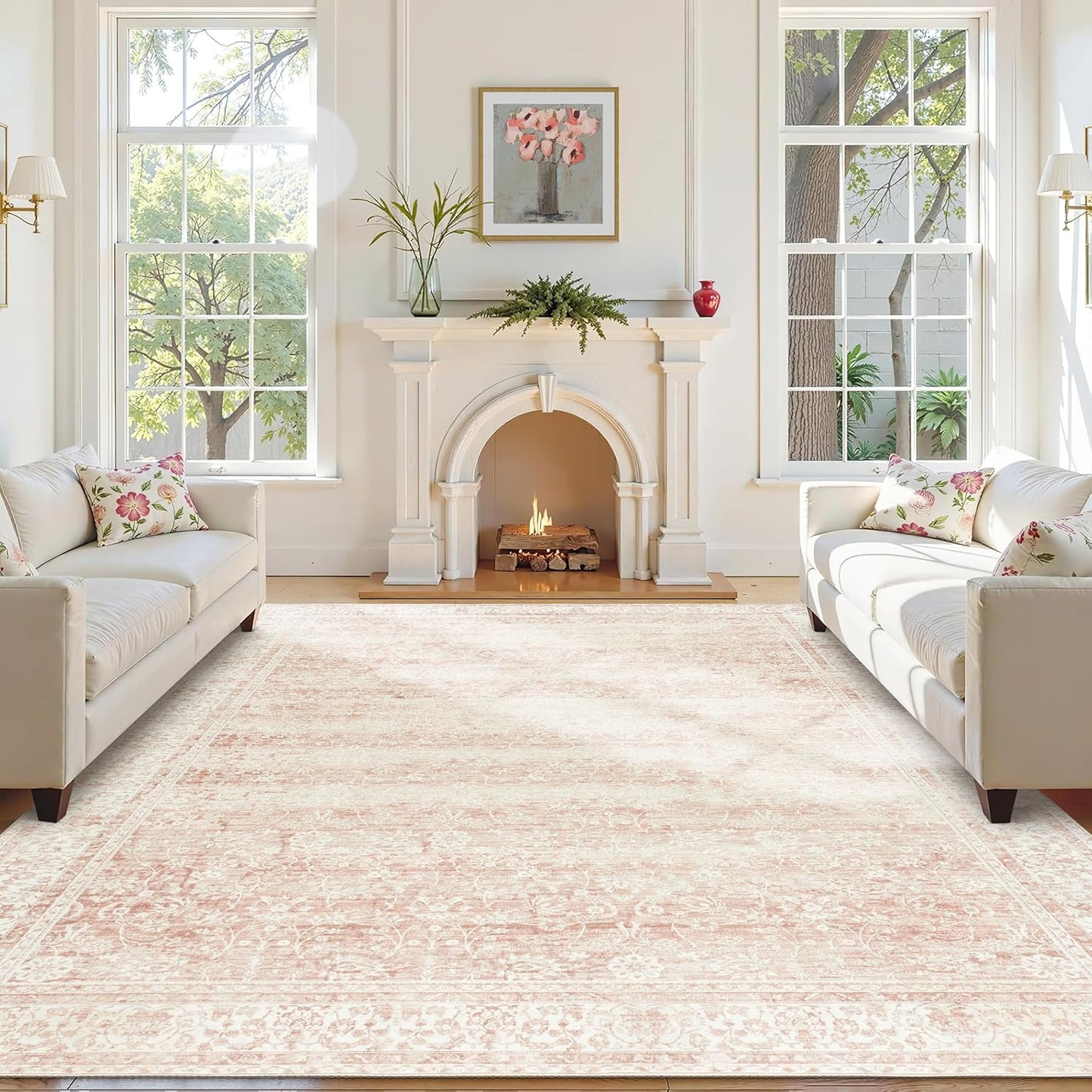 Washable 9x12 Area Rugs for Living Room Big Girls Bedroom Clearance Blush Pink Soft Faux Wool Neutral Boho Floral Extra Large Area Rug for Nursery,9 by 12