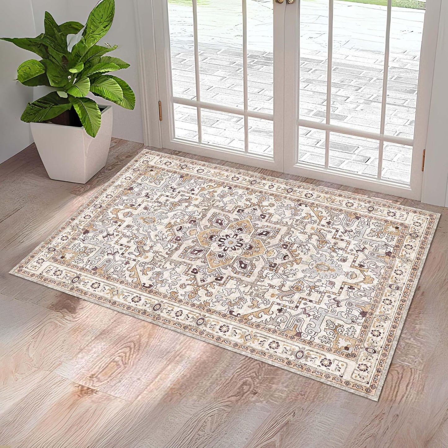 Washable Entryway Rug 3x5 | Non Slip Rug Runners for Hallways, Entryways, Kitchens, Bathrooms, Bedrooms | Ultra-Soft Flannel Carpet Kitchen Rug with Rubber Backing (Yellow Beige, 3x5)