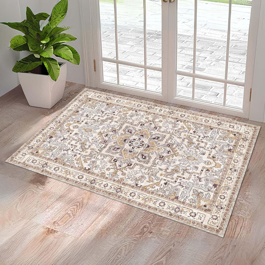Washable Entryway Rug 3x5 | Non Slip Rug Runners for Hallways, Entryways, Kitchens, Bathrooms, Bedrooms | Ultra-Soft Flannel Carpet Kitchen Rug with Rubber Backing (Yellow Beige, 3x5)
