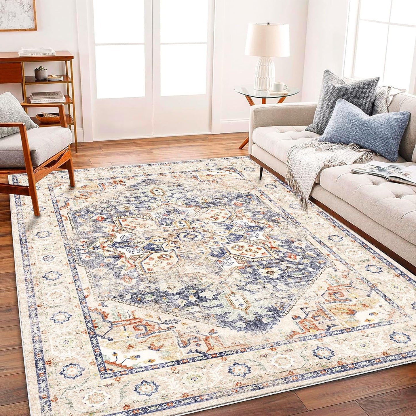 Washable Area Rug 8'x10' Blue Khaki Retro Boho Design Non-Shedding Non-Slip Easy Care Ideal for High Traffic Areas in Living Room Bedroom Office Coffee Table Kitchen Large Carpet
