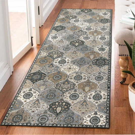 Lahome Moroccan Trellis Kitchen Runner Rug, 2x5 Washable Runners for Hallways Non Slip Soft Hallways Rug Ultra-Thin Vintage Long Carpet for Bedroom Bathroom, Grey