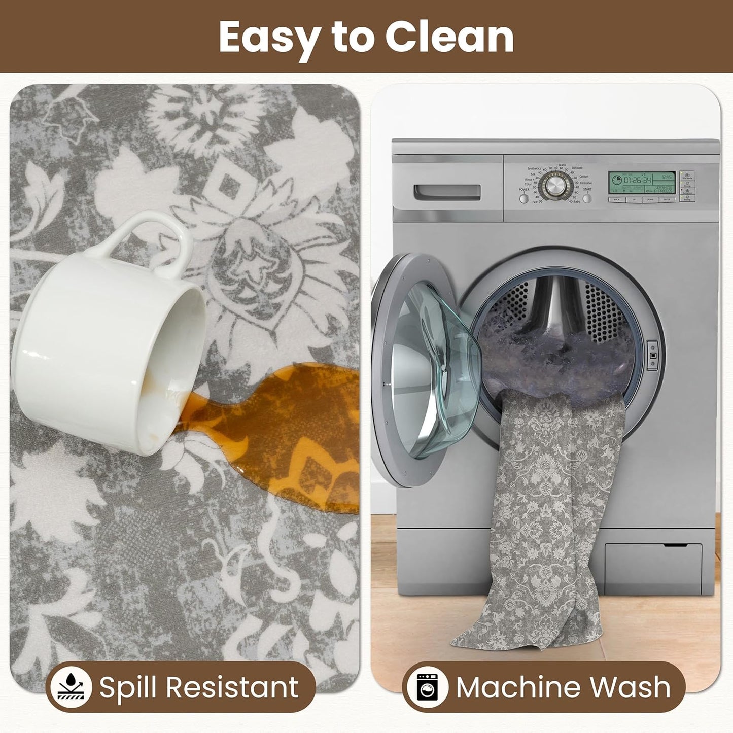 Washable Runner Rug 2.5x8 | Non Slip Rug Runners for Hallways, Entryways, Kitchens, Bathrooms, Bedrooms | Ultra-Soft Flannel Carpet Runners with Rubber Backing (Floral Taupe, 2.5x8)